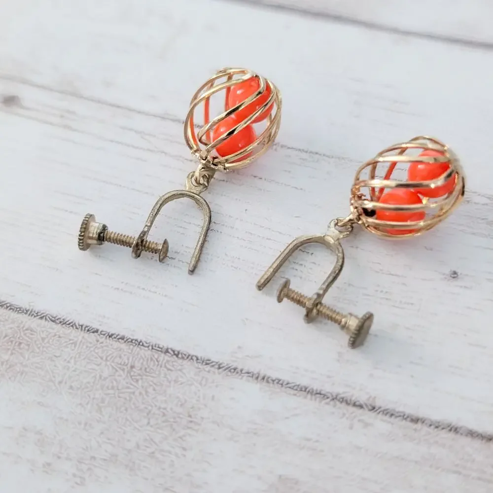 Vintage Screw Back Earrings Gold Tone with Orange - Dangle Earrings